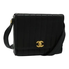 CHANEL Mademoiselle Shoulder Bag Lamb Skin Black Gold CC Auth yk15502AV