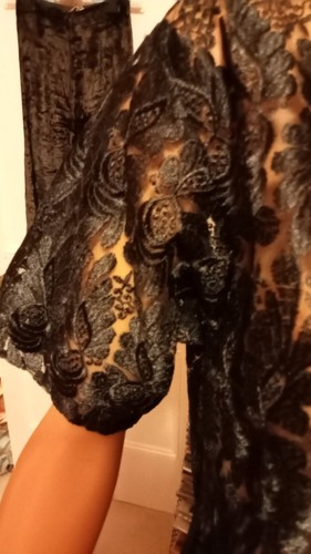 Vintage Shiny Black Lace Blouse Party, Pretty Scalloped Hem, Bust 42" Size 18 - Picture 5 of 6