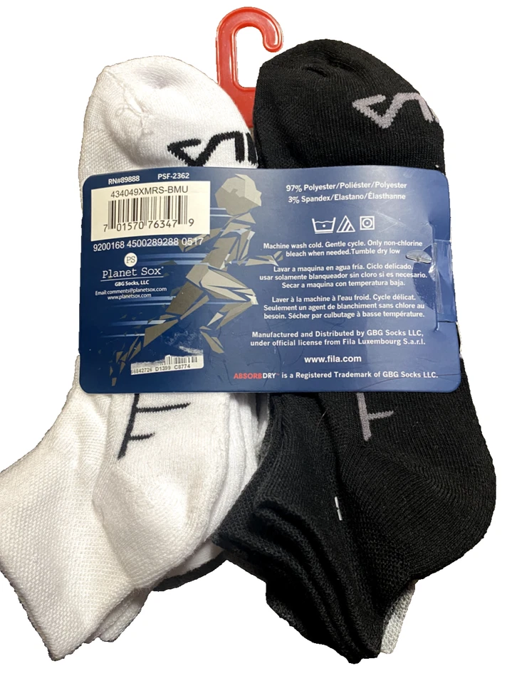Fila Absorb Dry No Show Socks 10 Pairs Black/White/Gray Shoe Size 4-10 NWT - Image 4 of 4