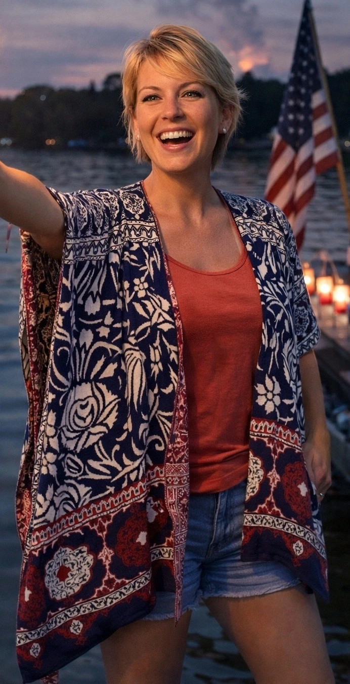 CHICOS Cape Shawl Poncho Wrap ONE SIZE Red Navy White 55% Silk, 45% Cotton