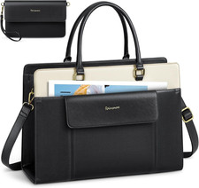 Laptop Bag For Women 15.6 Inch Leather Tote Large Computer Handbag Work Black