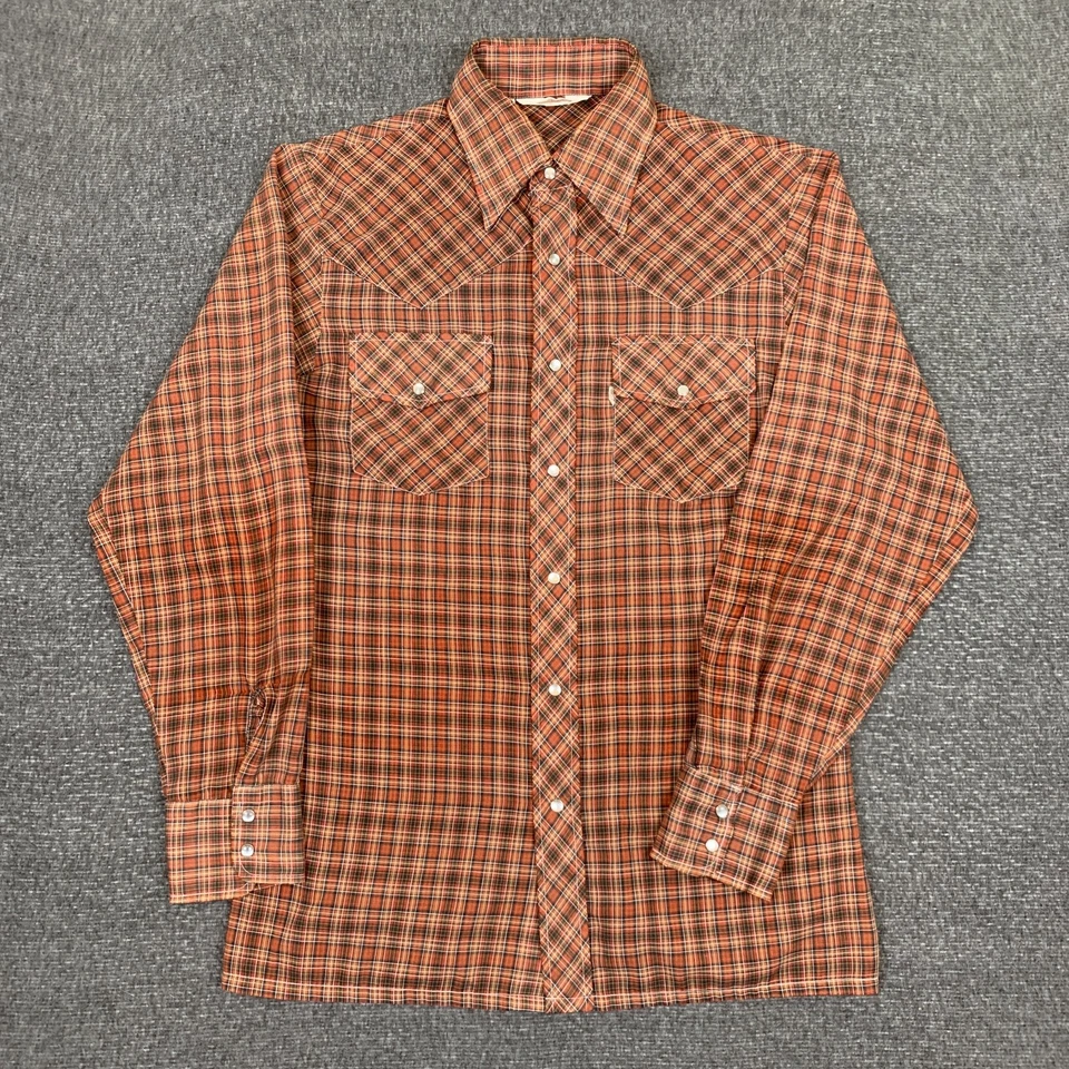 Vintage Levis Western Pearl Snap Shirt Mens M Plaid Big E Cowboy Rodeo USA 70s - Image 2 of 4