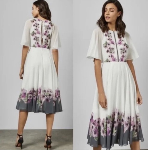 Abito maxi skater Ted Baker Begoni floreale lilla avorio midi taglia 4 UK 14 - Foto 12 di 12