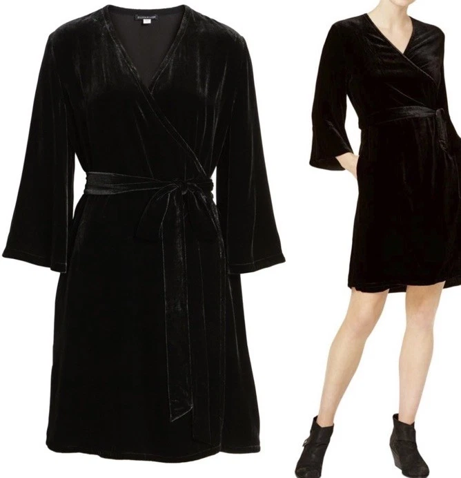 Vestido Eileen Fisher Medio Negro Terciopelo Rayón Seda Envolvente Nuevo con Etiquetas Foto 2 de 4
