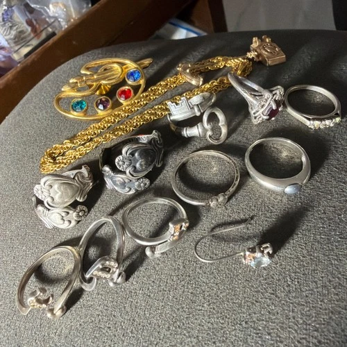 Avon Estate Sterling Silver Rings Single Earring Gf Chain Vtg Jewelry Lot- NR