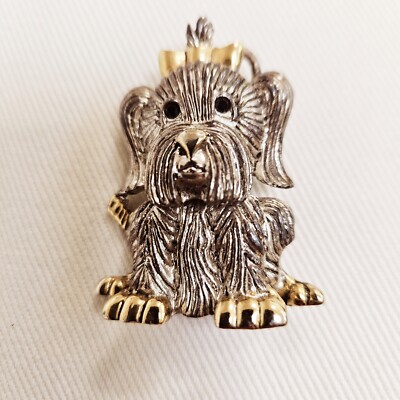 Silver Gold Tone Yorkshire Terrier Bow Pin Brooch Pendant Yorkie Puppy Dog  2