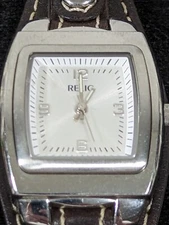 Relic Womans Silver Tone Dial Rectangle Case Brown Leather Band Watch 7 Inch