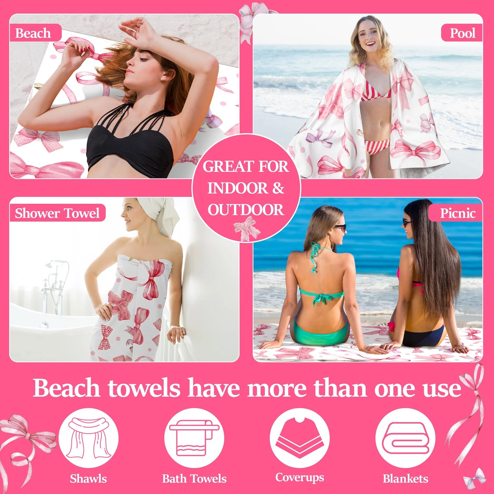 Polka Bow Oversized Beach Towel - Double-Sided Velvet Lightweight Pool Towel ...