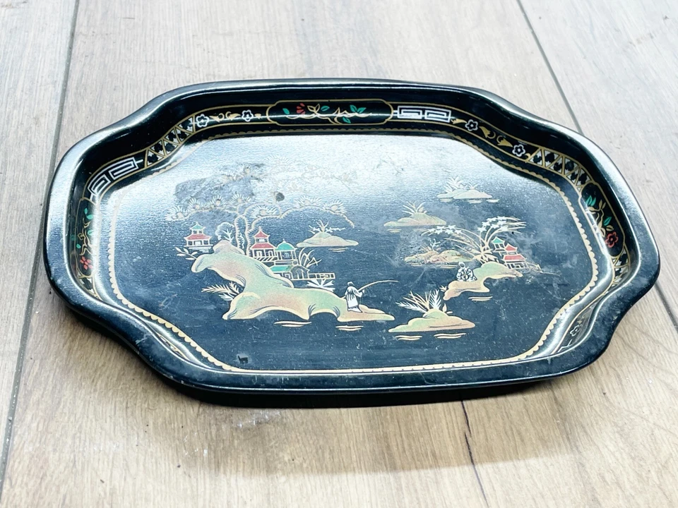 VINTAGE WORCESTER WARE TRAY - METAL ENAMEL CHINESE ORIENTAL DINNER SERVING - Image 2 of 4