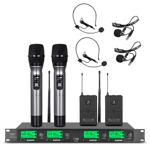 4 Channel Pro UHF Audio Wireless Microphone System 2 Handheld 2 Headset Lavalier - Afbeelding 1 van 9