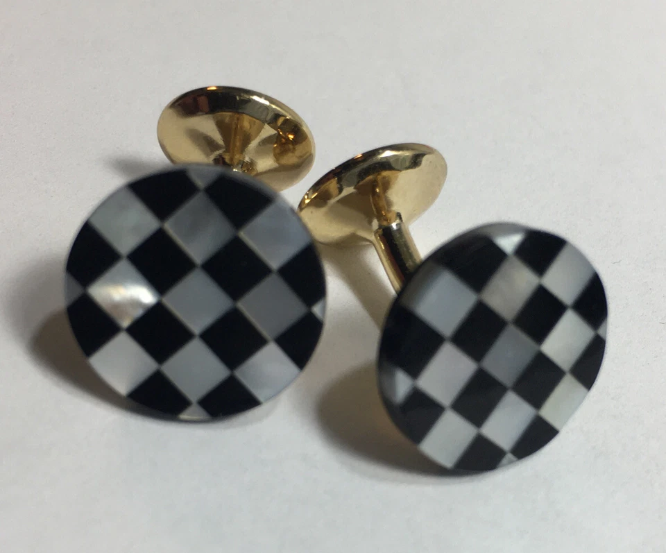 Black and White Checkerboard Mother of Pearl Mens Cufflinks Casino Racing - Image 2 of 4