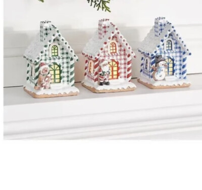 3 Lighted Pastel Checkered 6'' Gingerbread Houses Valerie Parr Hill Santa snowman