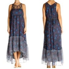 Free People Native Rose Lace Trim Hi Lo Midi Dress Blue Women’s Size 2 Boho