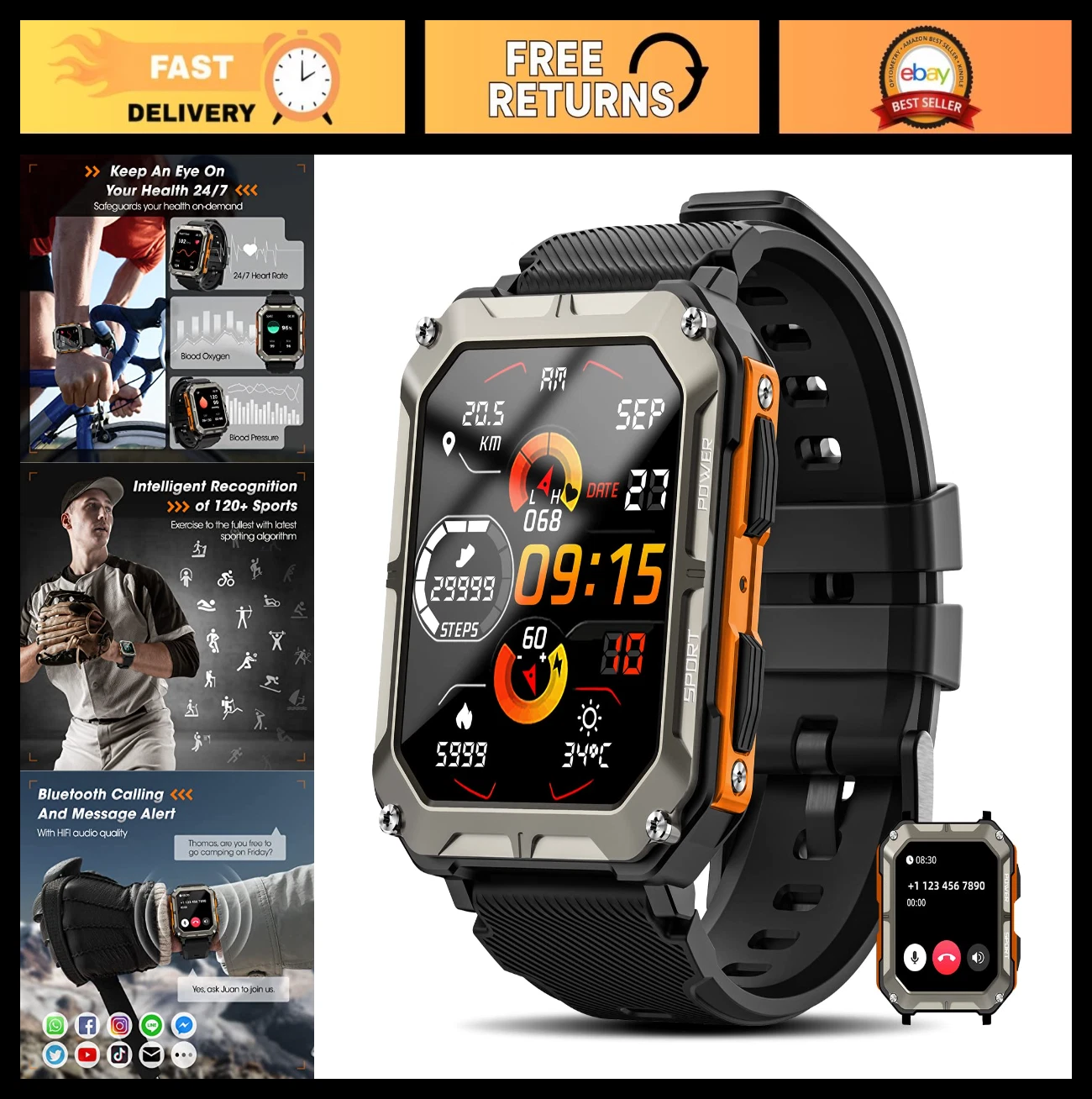Rugged Military Smart Watch for Men, 10 ATM Waterproof Fitness Tracker, Call/Mes