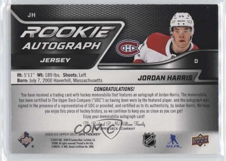 2022-23 SPx Rookie Auto Jersey /375 Tier 1 Jordan Harris #JH Auto RC - Image 2 of 2