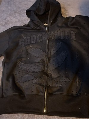 God Complex: Black Rhinestone Jacket Zip-up. Slightly Warn