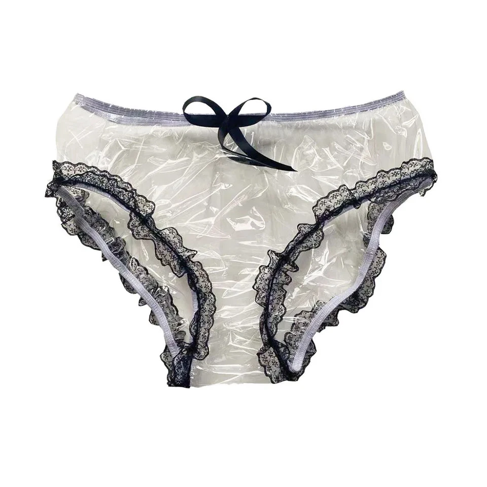 PVC Transparente Impermeable Bragas Mini Calzoncillos Sexy Medio Patchwork Encaje Bragas Foto 4 de 4