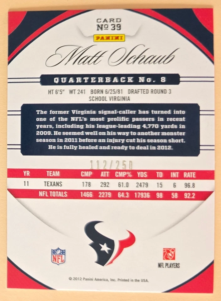 2012 Certified Mirror Red Parallel SP #d /250 Matt Schaub #39 Texans - Image 2 of 2