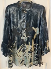 Citron santa monica tunic Blouse Burnout Velvet Blue Silk Blend Size XL