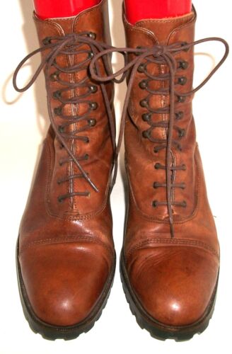 Vtg '90s Joan & David Aged Caramel-Leather Low-Heel Lace-Up Boots 10M 40M FAB!
