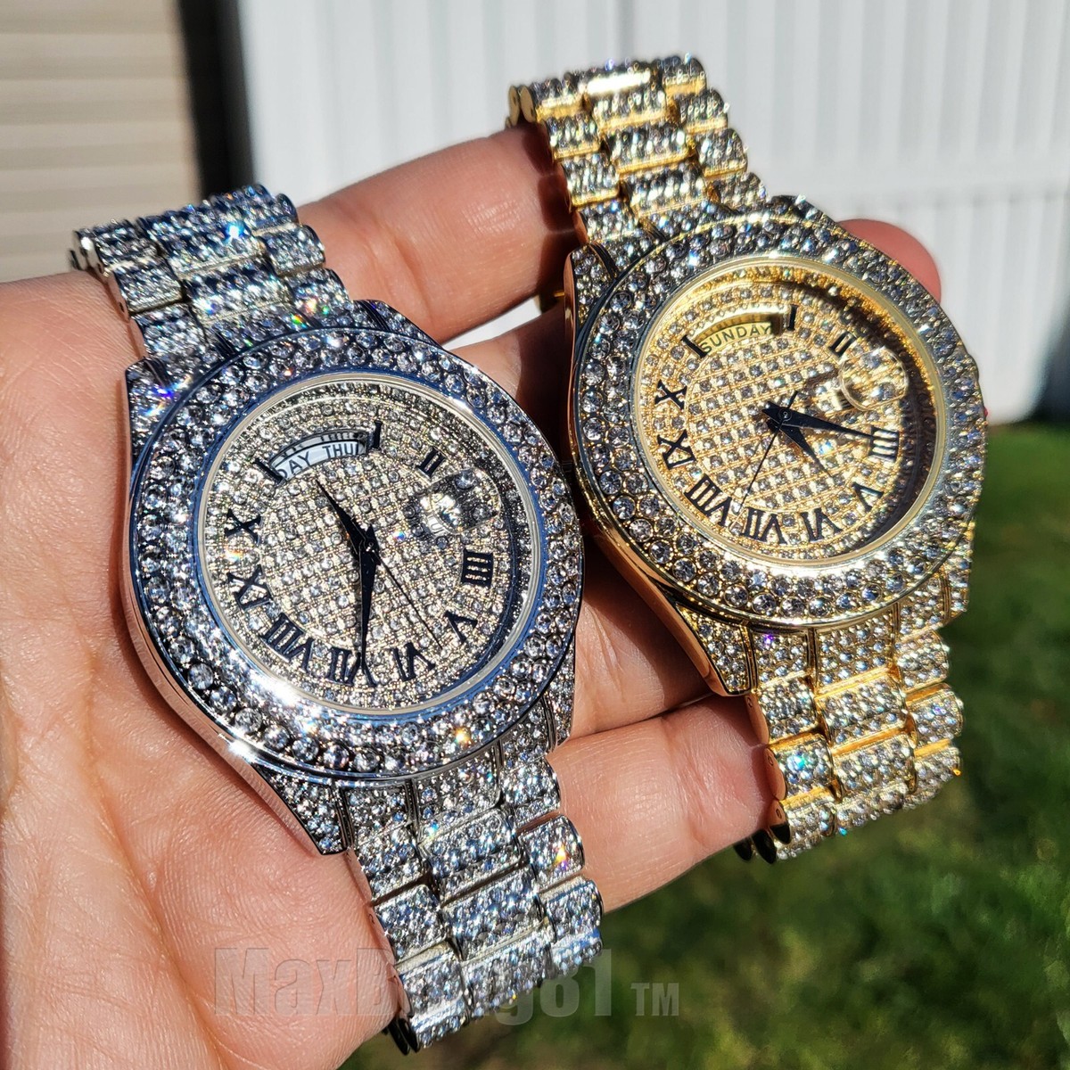 Men Iced Simulated Diamond Gold Silver Finish Date Day Luxury Icy 