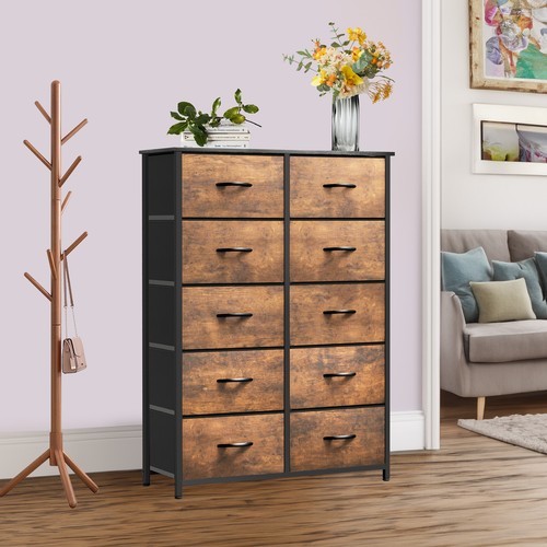 Dresser 10 Drawers Fabric Storage Tower Shelf Organizer Nightstand Wooden Top - Picture 35 of 40
