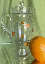 Glass Juice Pitcher Lid Painted Oranges 8” Tall