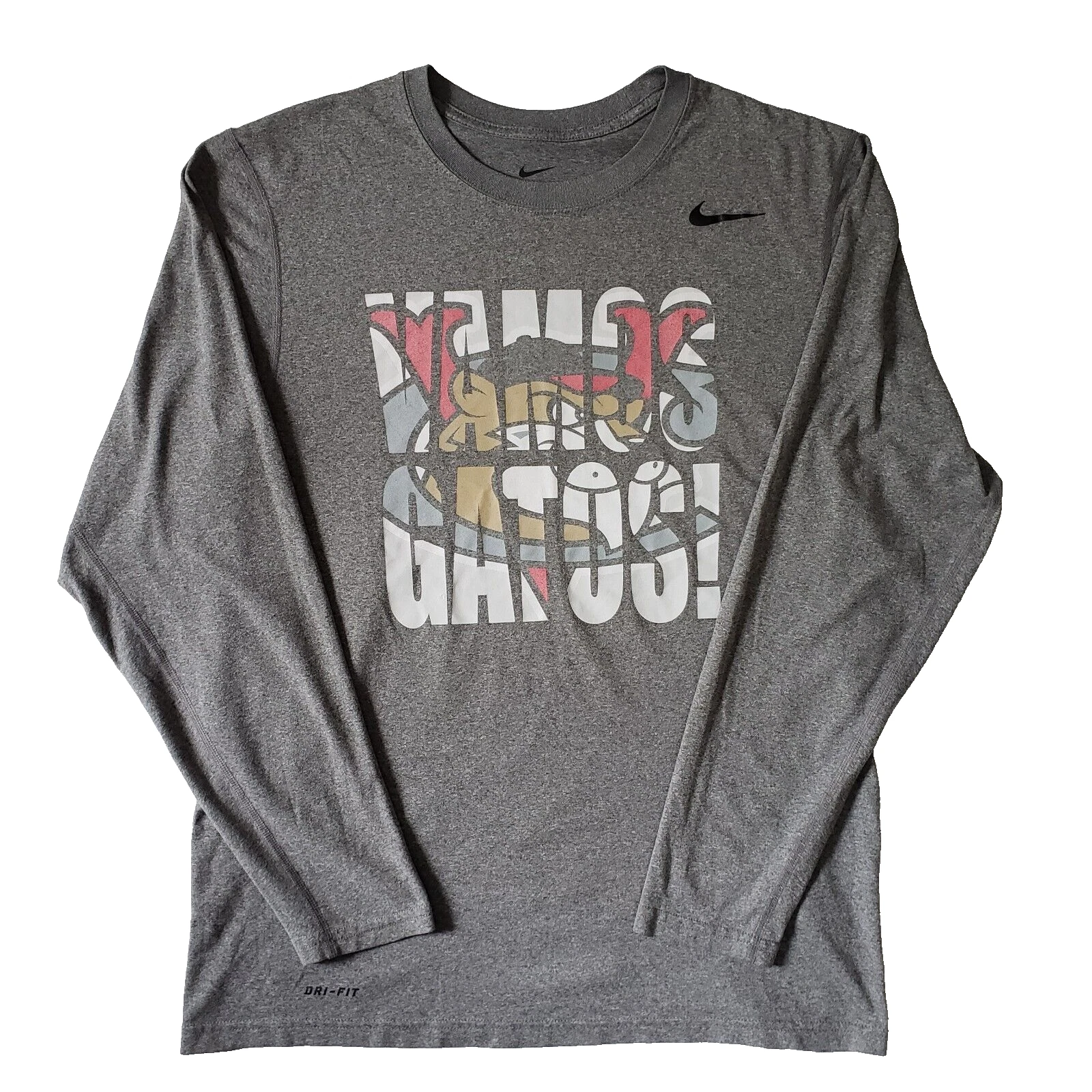Nike Dri fit Mens Med Shirt Long Sleeve Gray Graphic Print Logo Vamos Gatos