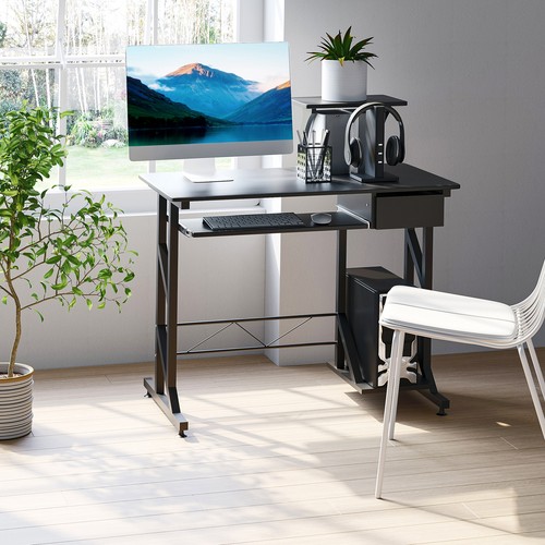 Compact Computer Table Wooden Desk Keyboard Tray Drawer Shelf PC Rack Dorm Black - Picture 7 of 12