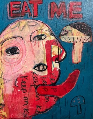 Original Außenseiter Gesichtsbemalung Pilz Volkskunst Neo Expressionist 8x10 Holz