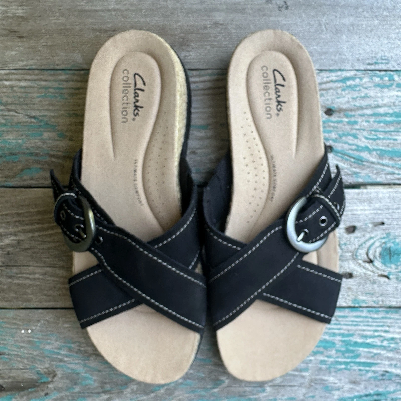 Sandali Clarks Collection pelle slide Reileigh May nero nabuk taglia 9M nuovi con etichette