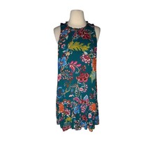 Teal Floral Ruffle Neck Sleeveless Tiered Hem Dress Women