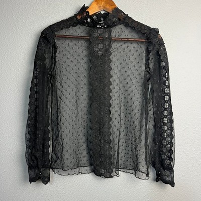 NOTEBUK Black Lace Mock Neck Polka Dot Sheer Grunge Whimsigoth EMO Top Size S
