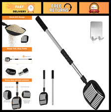 Metal Cat Litter Scoop with Long Handle, Deep Shovel Easy Clean Slits, Hook In
