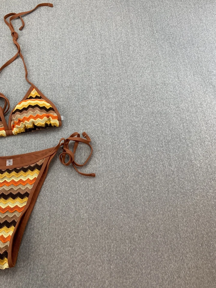 Шеврон крючком струнных инструментов бикини купальник женщин размер S коричневый оранжевый богемный хиппи - Изображение 4 из 4