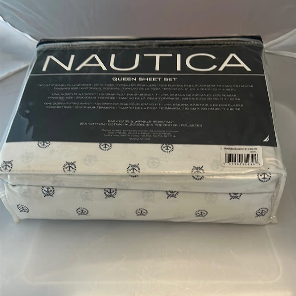 ⭐️ NUEVO Juego de Sábanas Nautica Queen - Blanco/Crema con Patrón Náutico Azul Marino Foto 3 de 3
