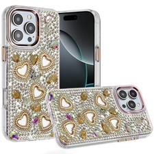For iPhone 16 Pro Max Case Full Bling Hearts 3D Jewel Ornaments Tempered Glass