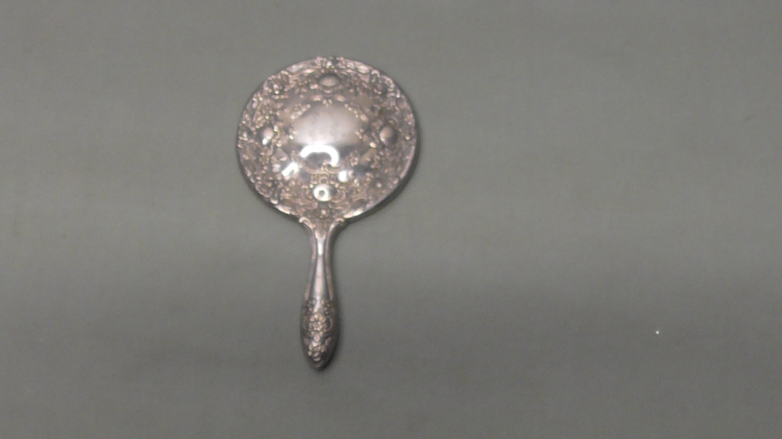 Vintage Hand Held Mirror Round Vanity Silver Plate Heavy Floral Scroll Ornate 9"