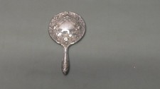 Vintage Hand Held Mirror Round Vanity Silver Plate Heavy Floral Scroll Ornate 9"
