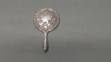 Vintage Hand Held Mirror Round Vanity Silver Plate Heavy Floral Scroll Ornate 9"