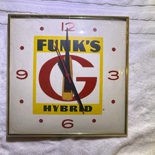 Funk's G Hybrid Seed Corn Advertising Clock Vintage 15.5”x15.5”