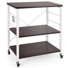 Costway Kitchen 3-Tier Baker's Rack Microwave Oven Storage Cart w/ Hooks Brown