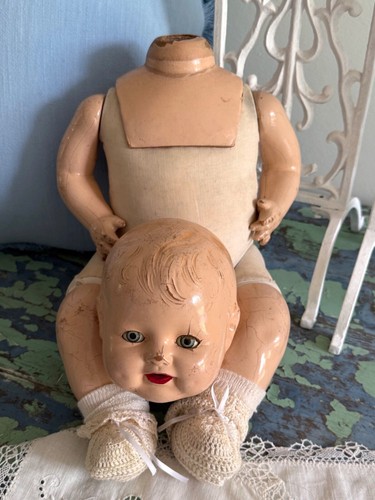 Antike 20er 30er Jahre Vintage Komposit Puppe mit Zähnen Reiter Grübchen wie abgebildet 20 Zoll