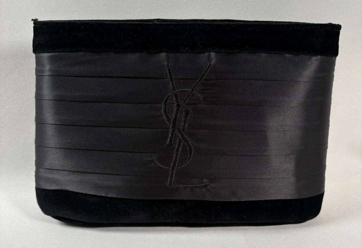 Sacchetto profumo Yves Saint Laurent nero velluto smoking cummerbund borsa da sera nuovo senza etichette