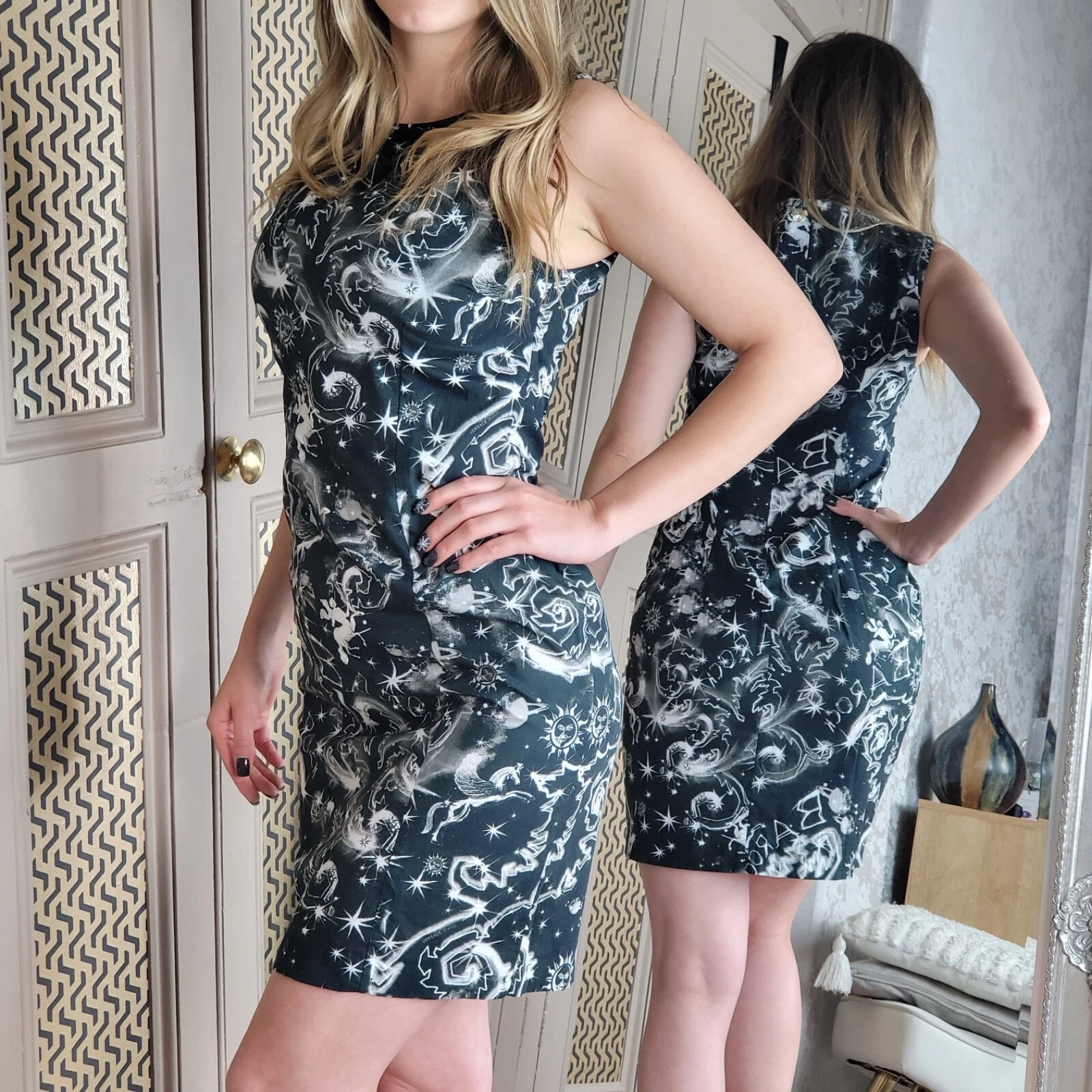 Gianni Versace Jeans Couture abito top senza maniche nero bianco fantasia bodycon S