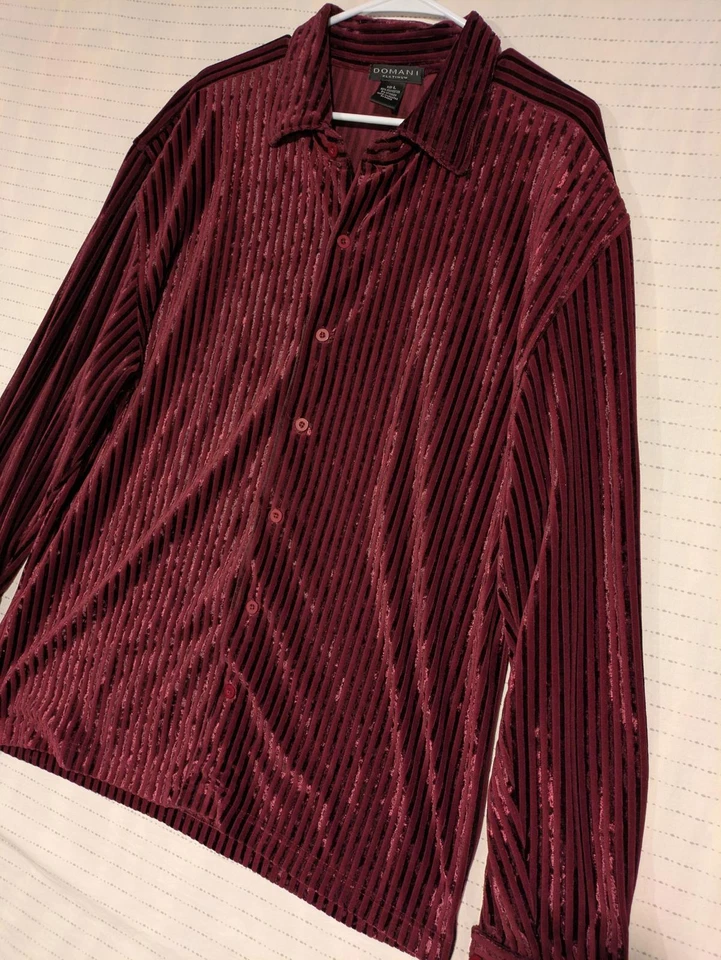 Domani Platinum Velvet Striped Shirt Rich Burgundy Mens Large Polyester Spandex - Image 2 of 4