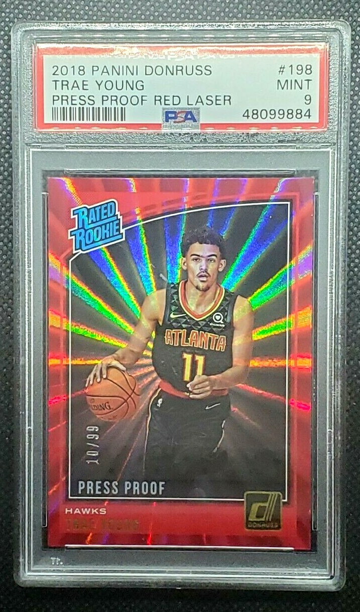 2018-19 Donruss Rated Rookie Trae Young Red Laser Press Proof #d 10/99 RC PSA 9