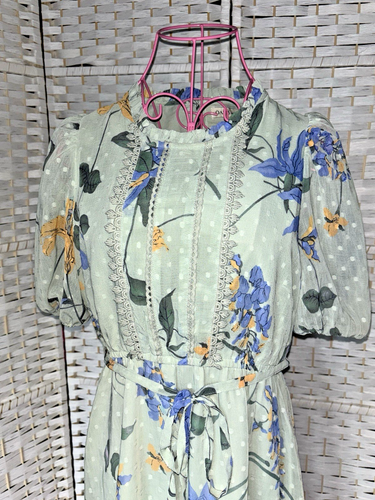 Oasis Sage Lace Trim Dobby Floral Chiffon Skater Dress Size 14 BNWT - Picture 2 of 11
