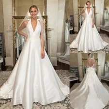 Classic Halter A Line Wedding Dress Backless Bow Tie Satin Bridal Gown Train