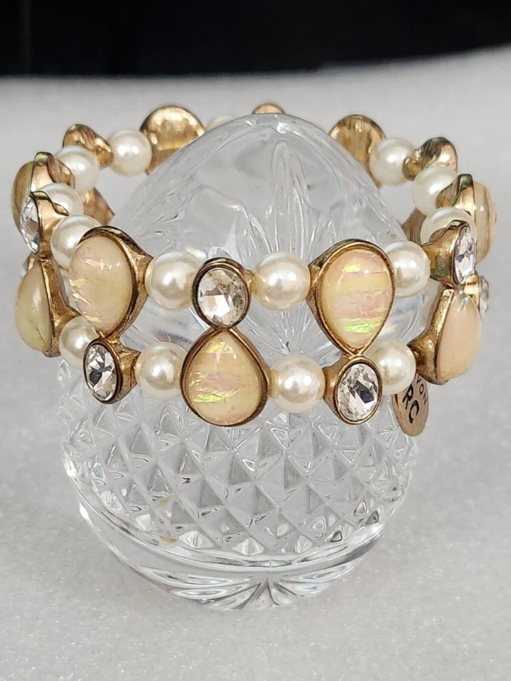 Pulseira elástica rara Avon em imitação de opala ardente, pérolas falsas e cristais - Imagem 4 de 4